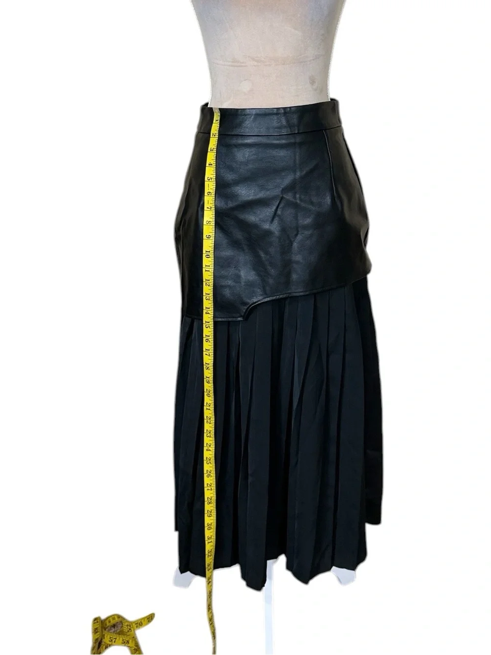 Commense Black Asymmetric Patchwork Faux Leather Chiffon Pleated Midi Skirt